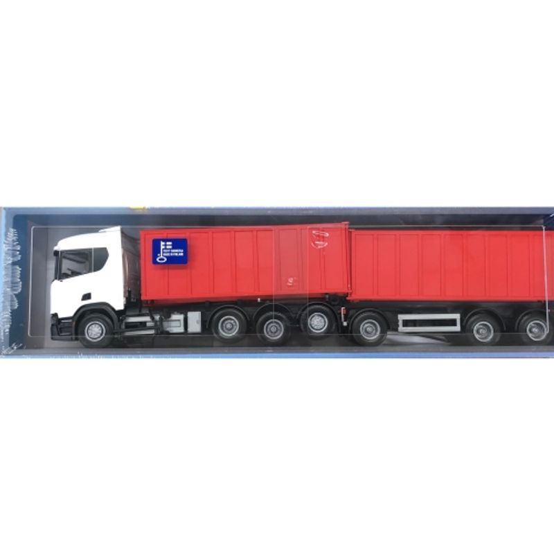 EMEK SCANIA LASTEBIL KROKLØFTER HVIT MED HENGER OG BLÅ CONTAINER